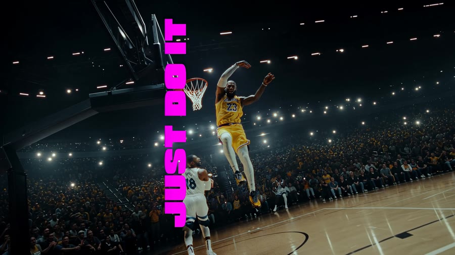 Basketball ad shot vertical (9:16) and expanded by Outpaint into a widescreen 16:9 frame — generated arena crowd and court filling the left and right of the original vertical source