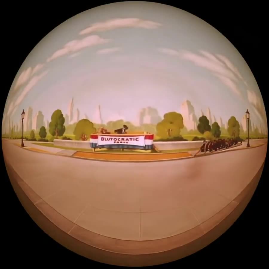 Popeye, 1980, reframed by Outpaint from 16:10 widescreen to a 180-degree fisheye dome